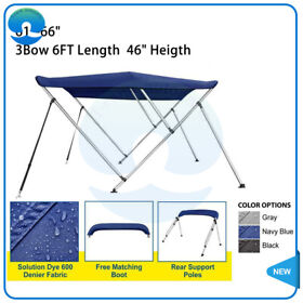 T170602k 61inch-66inch With 3 Bow Blue Bimini Top Boat Cover Doubled Wall Anodized Aluminum Frame