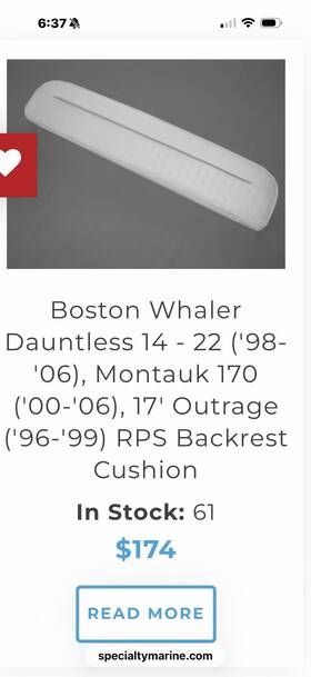 Sbd-2n Specialty Marine Boston Whaler Replacement Backrest Pad Montauk 170 Fits 2002 - 2007. Brand New