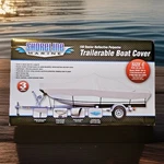 Shoreline Marine 150-DENIER Reflective Polyester Trailerable Boat Cover Model. Fixed Price $50.00.