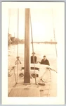 Vtg B&w Snapshot Three Men In Hats On Deck Of Sailboat Mast River Scene 1938. Fixed Price $7.99.